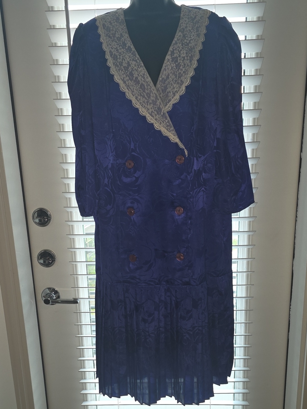 Vintage 80s Drop Waist Secretary Midi Dress Navy Blue Lace Collar